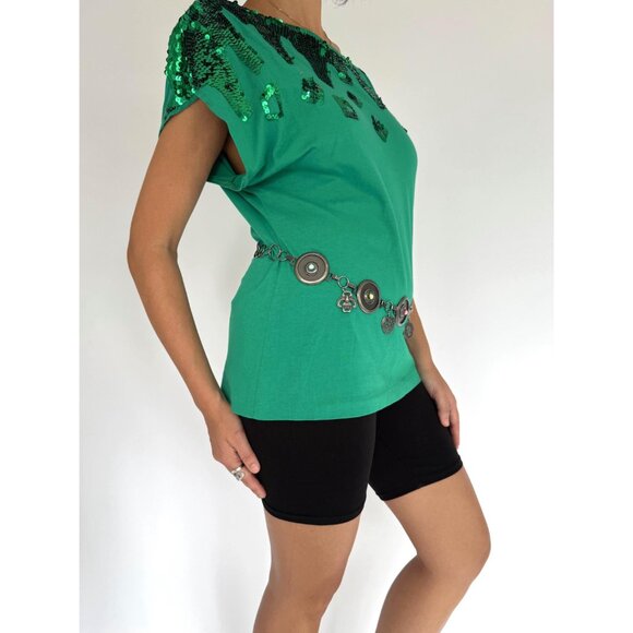 80s vintage green sequin embellished funky cotton short sleeved tee shirt large - Picture 5 of 10